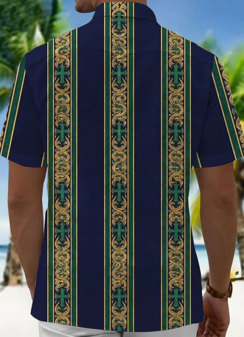 Retro Baroque Cross Religious Stripes Men's Pocket Short Sleeve Shirts